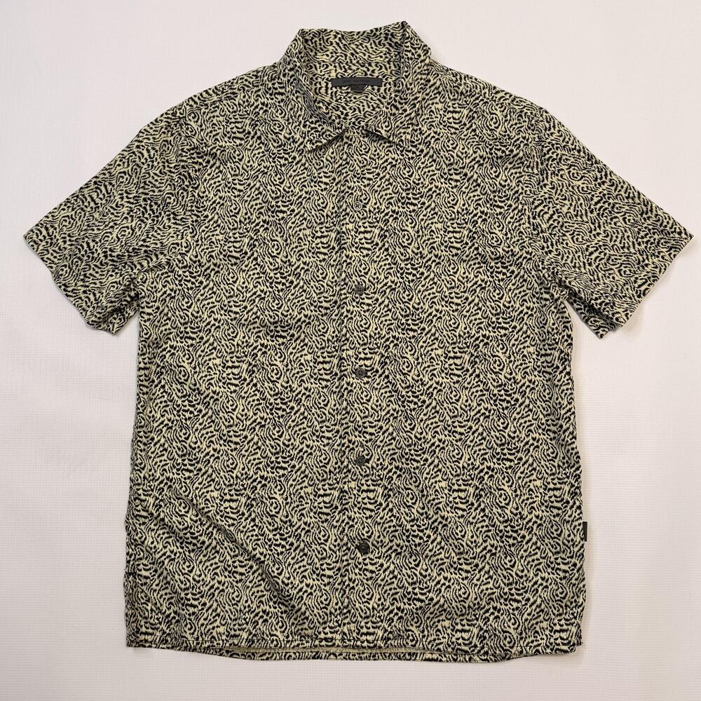 John Varvatos Shirt Mens Medium Beige Black Animal Print Short Sleeve Cotton
